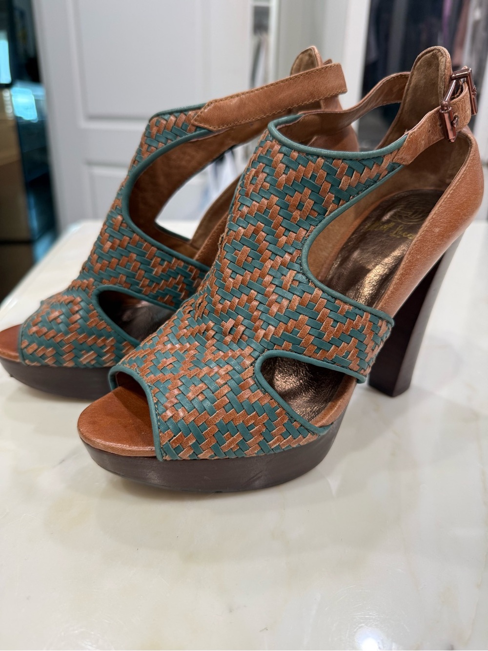Elliot Lucca Woven Teal and Tan Platform Heels - Picture 2 of 6